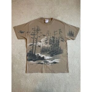 90s vintage artisan T-shirt  Nature Scene Canoe Eagle Adult Large Tan